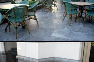 Taras kawiarni z turkusowymi krzesłami i stonowanymi stołami - Metamar