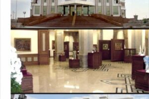 Wnętrze muzeum z marmurową posadzką, eksponatami na piedestałach i obrazami na ścianach - Metamar