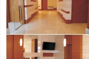 Nowoczesny korytarz z drewnianymi panelami i telewizorem - Metamar