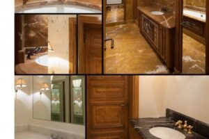 Łazienka z marmurowym wyposażeniem, drewnianymi drzwiami i oświetleniem - Metamar