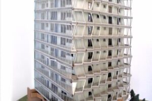 Architektoniczny model wysokościowca z rytmiczną fasadą okien i balkonów - Metamar
