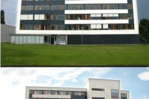 Nowoczesne budynki biurowe z szarymi fasadami i zieloną łąką - Metamar