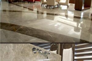 Błyszczące marmurowe podłogi, nowoczesne wnętrze, meble.