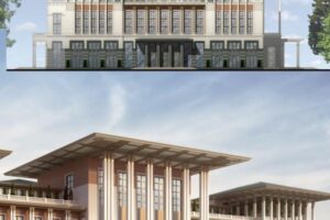 Architektoniczny projekt budynku z elewacją oraz widok współczesnego budynku ze słupami.