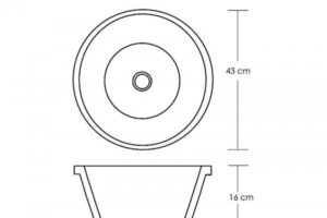 Techniczny rysunek umywalki okrągłej, widok z góry i profil, wymiary 43 cm na 16 cm - Metamar