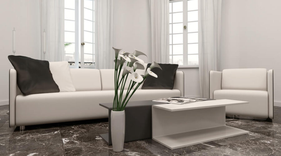 Nowoczesny salon z białą sofą, fotelem i stolikiem - Metamar