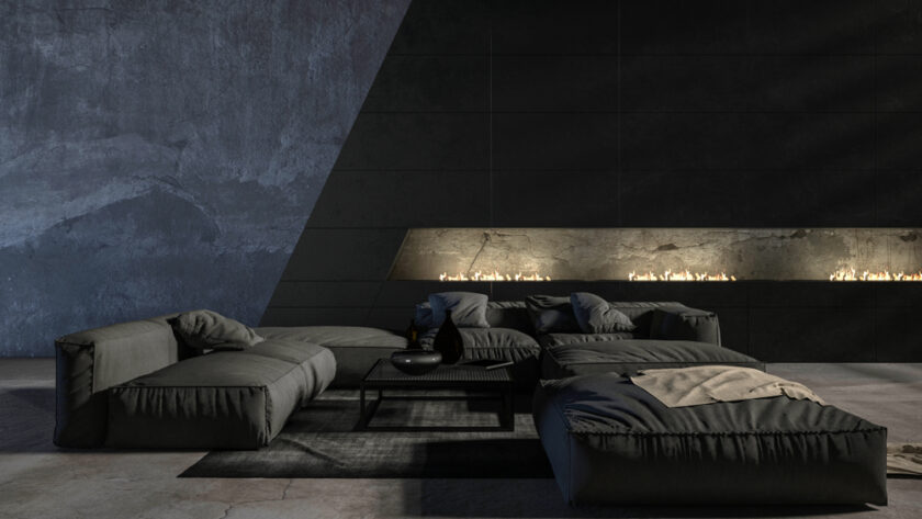 Nowoczesny salon z modulowymi sofami, czarnymi ścianami i betonową architekturą - Metamar