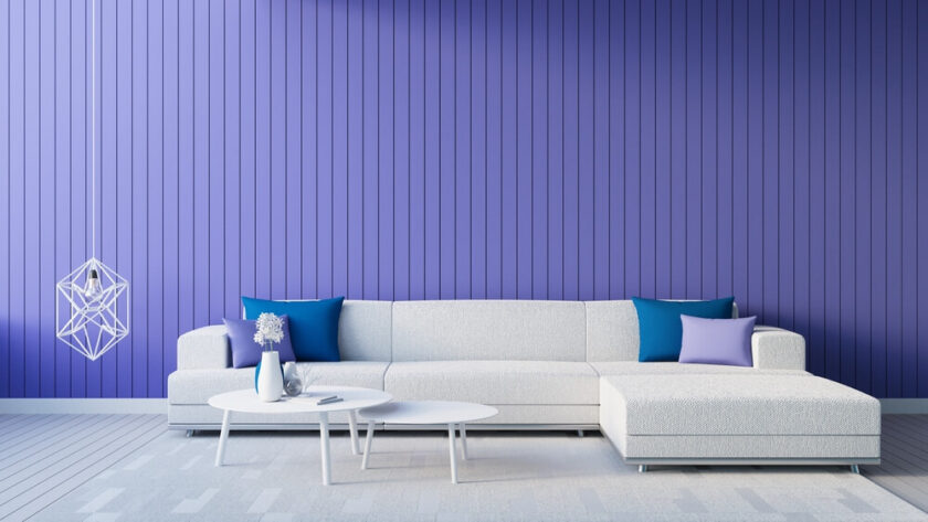 Białe modularne sofa z niebieskimi poduszkami - Metamar